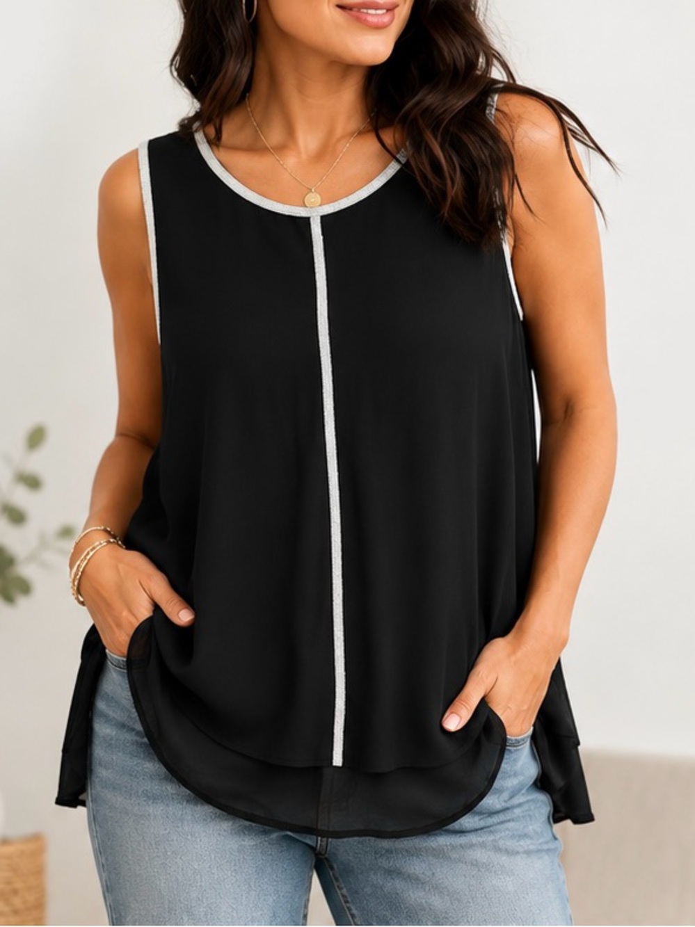 Lane Bryant Black Sleeveless Tunic with Light Trim